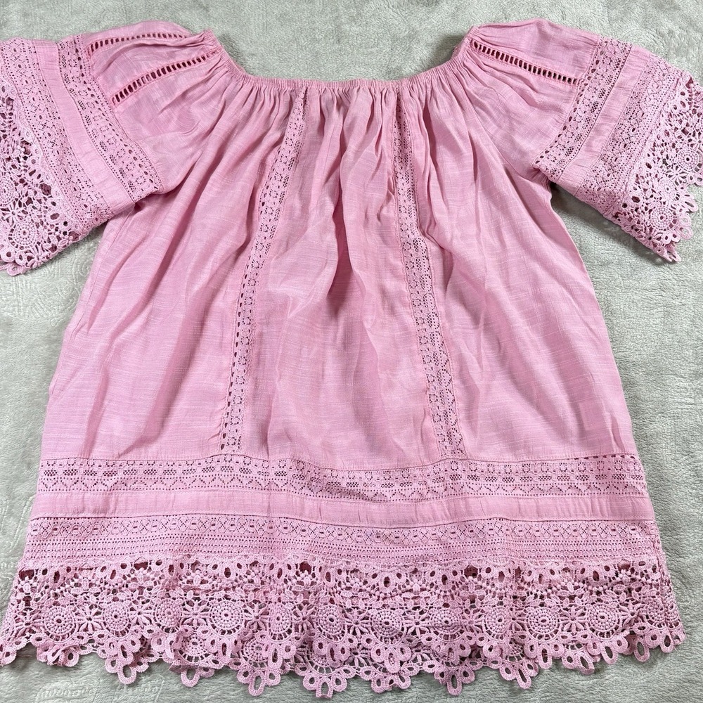 Lynn Ryan Shirt Womens M Smocked Peasant Off Shoulder Boho Blouse‎ Crochet Top